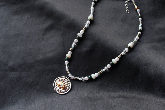 Handmade Pirate's Eye, Amazonite & Agate, Coin Charm, Beaded Necklace | Waterproof Stainless Steel