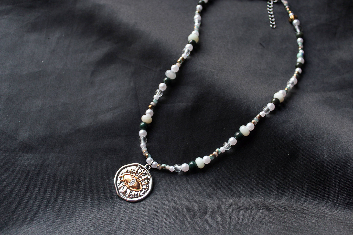 Handmade Pirate's Eye, Amazonite & Agate, Coin Charm, Beaded Necklace | Waterproof Stainless Steel