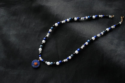 Handmade Blue Hour, Lapis Lazuli, Sun Charm, Beaded Necklace | Waterproof Stainless Steel