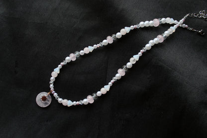 Handmade Rose Quartz Sunbeam Stone Charm Beaded Necklace | Waterproof Stainless Steel