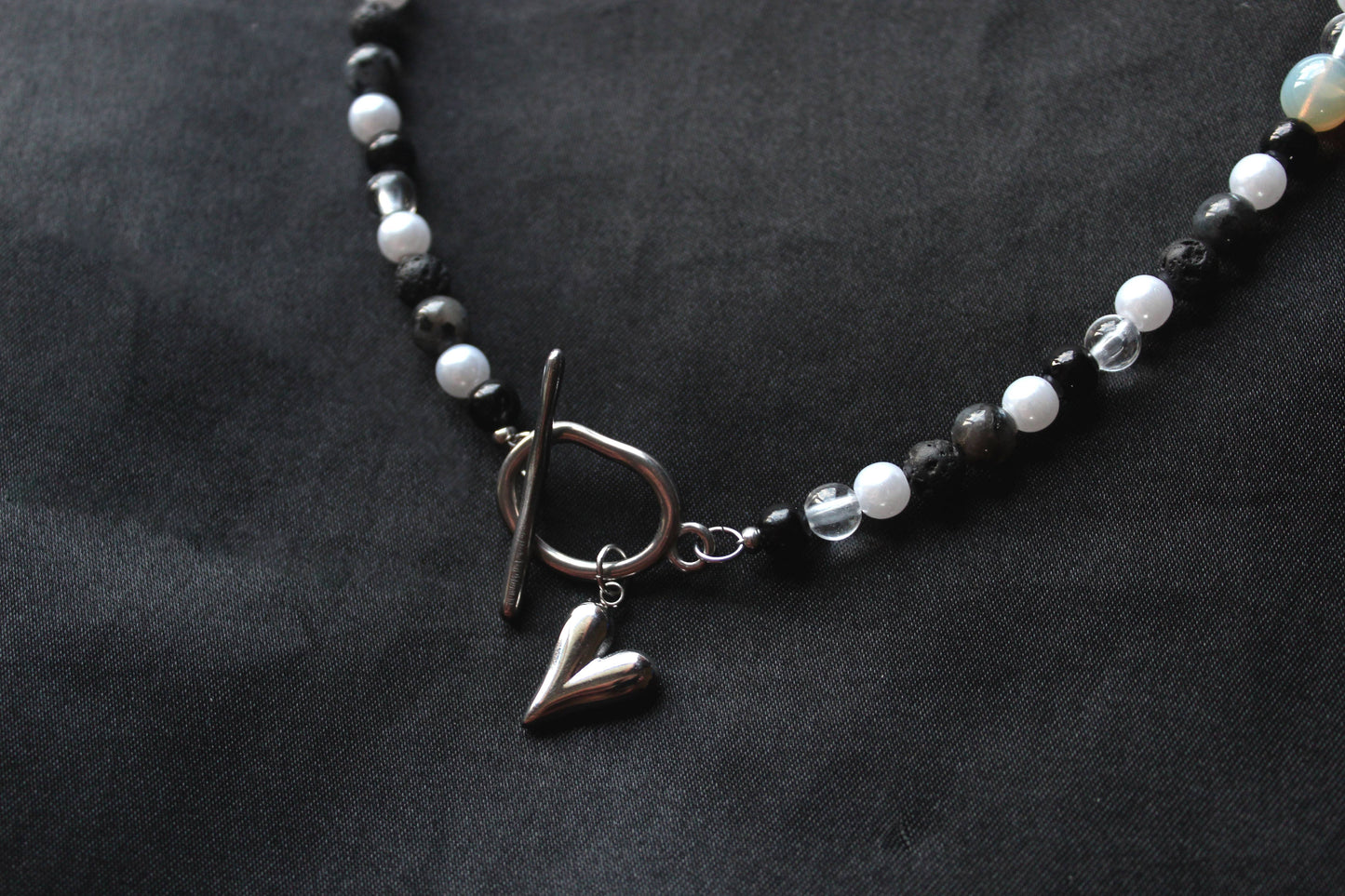 Handmade Wandering Witch, Lava & Labradorite, Heart Toggle Beaded Necklace | Waterproof Stainless Steel