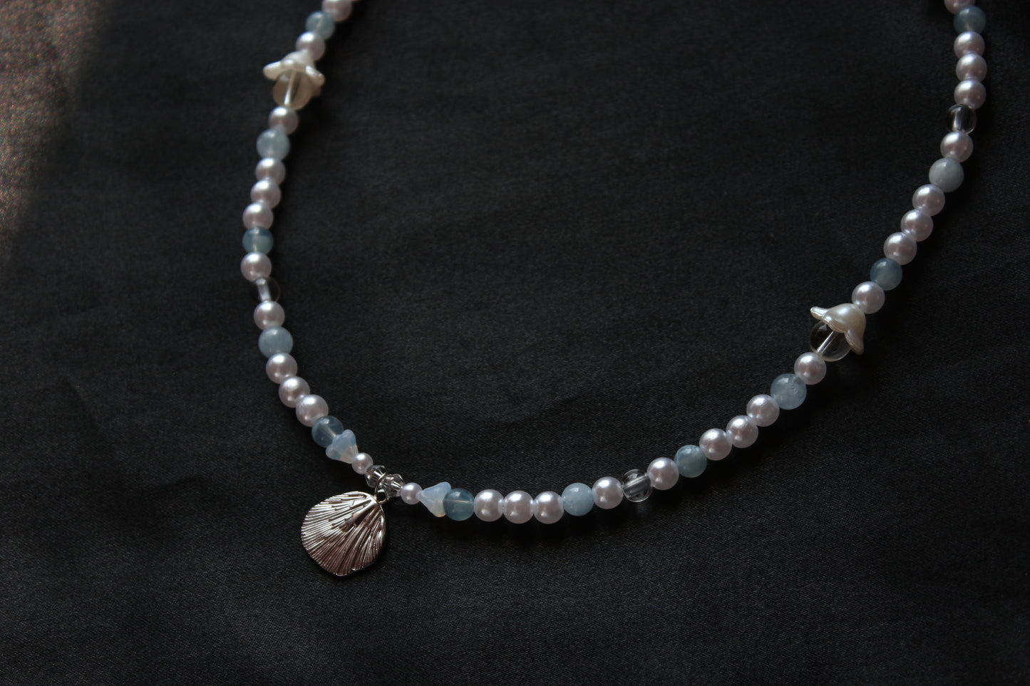 Handmade, Mermaid's Whisper, Shell Charm, Aquamarine, Beaded Necklace | Waterproof Stainless Steel