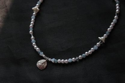 Handmade, Mermaid's Whisper, Shell Charm, Aquamarine, Beaded Necklace | Waterproof Stainless Steel