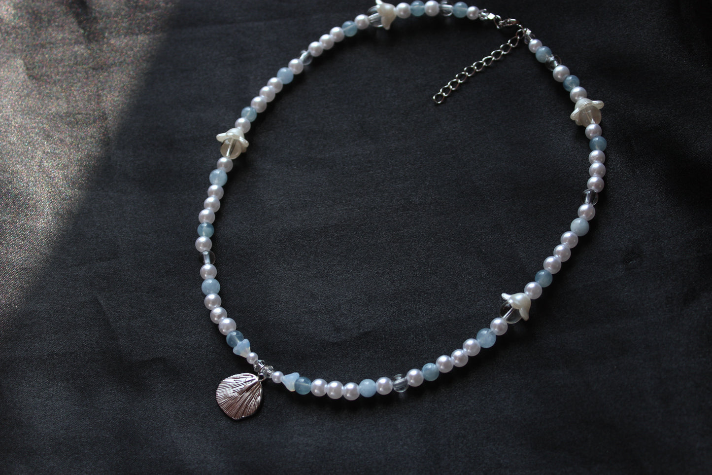 Handmade, Mermaid's Whisper, Shell Charm, Aquamarine, Beaded Necklace | Waterproof Stainless Steel