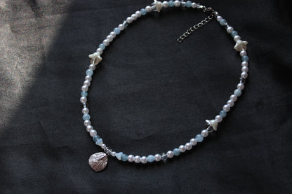 Handmade, Mermaid's Whisper, Shell Charm, Aquamarine, Beaded Necklace | Waterproof Stainless Steel