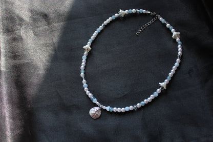 Handmade, Mermaid's Whisper, Shell Charm, Aquamarine, Beaded Necklace | Waterproof Stainless Steel