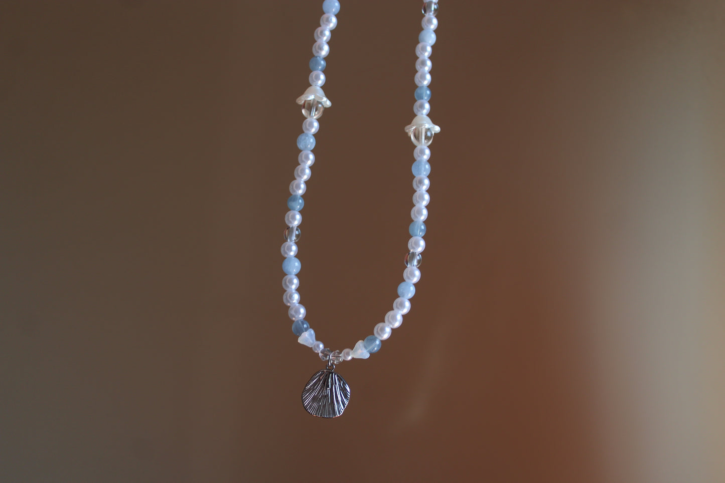 Handmade, Mermaid's Whisper, Shell Charm, Aquamarine, Beaded Necklace | Waterproof Stainless Steel