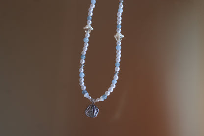 Handmade, Mermaid's Whisper, Shell Charm, Aquamarine, Beaded Necklace | Waterproof Stainless Steel