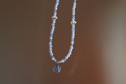 Handmade, Mermaid's Whisper, Shell Charm, Aquamarine, Beaded Necklace | Waterproof Stainless Steel