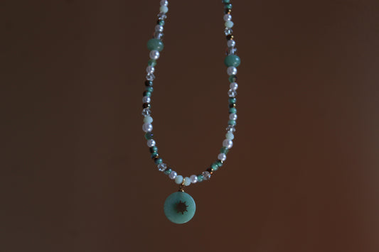 Handmade, Verdant Sun, Aventurine, Amazonite, Charm, Beaded Necklace | Waterproof Stainless Steel