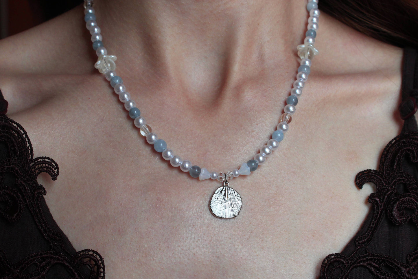 Handmade, Mermaid's Whisper, Shell Charm, Aquamarine, Beaded Necklace | Waterproof Stainless Steel