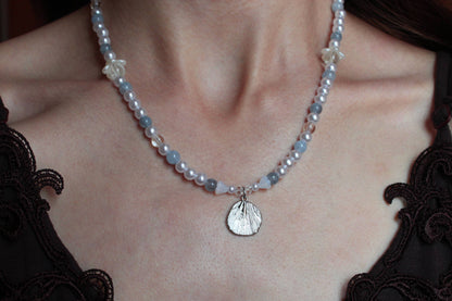 Handmade, Mermaid's Whisper, Shell Charm, Aquamarine, Beaded Necklace | Waterproof Stainless Steel