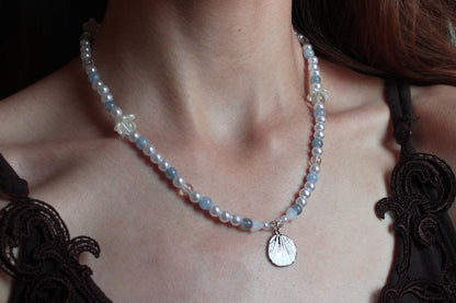 Handmade, Mermaid's Whisper, Shell Charm, Aquamarine, Beaded Necklace | Waterproof Stainless Steel