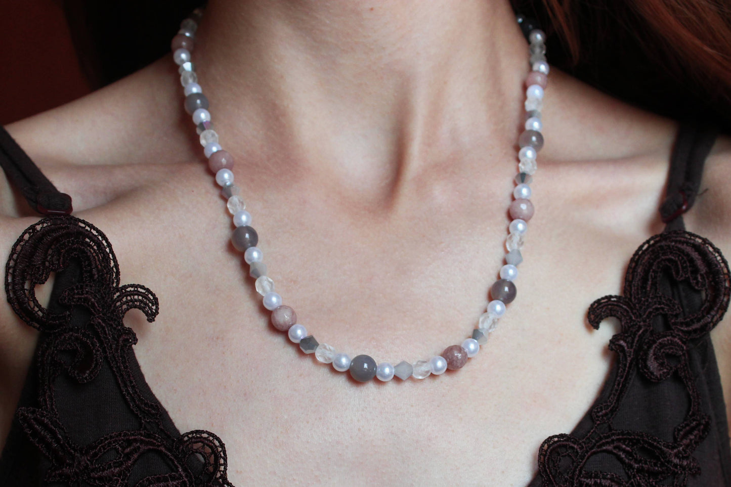 Handmade Moonlit Meadow Jadeite & Agate Beaded Necklace | Waterproof Stainless Steel