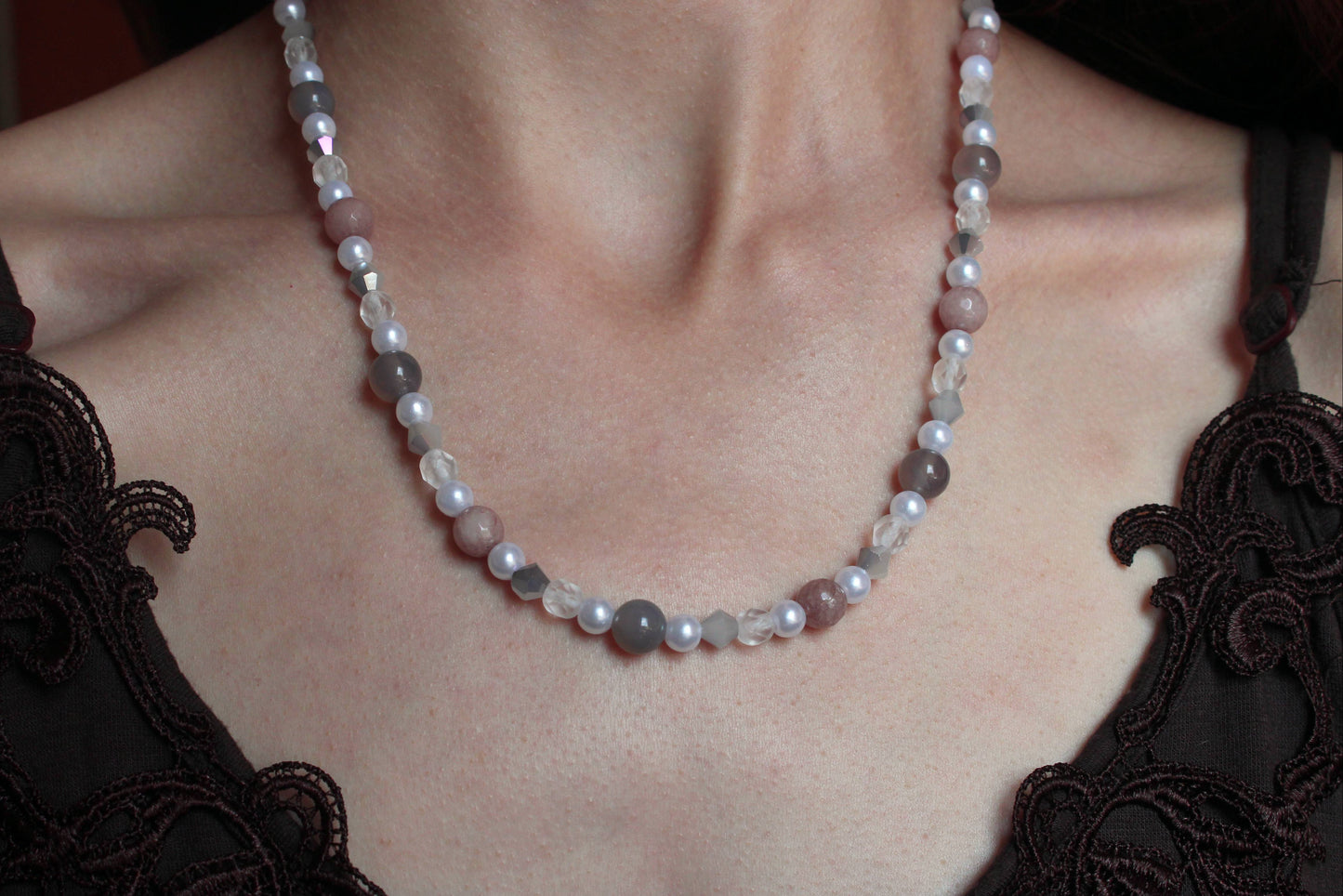 Handmade Moonlit Meadow Jadeite & Agate Beaded Necklace | Waterproof Stainless Steel