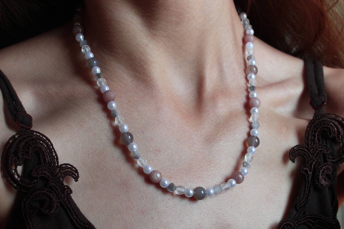 Handmade Moonlit Meadow Jadeite & Agate Beaded Necklace | Waterproof Stainless Steel