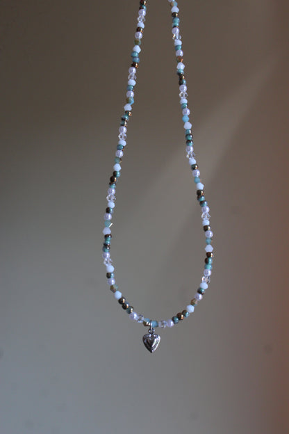 Handmade, Enchanted Emerald, Heart Charm, Beaded Necklace | Waterproof Stainless Steel