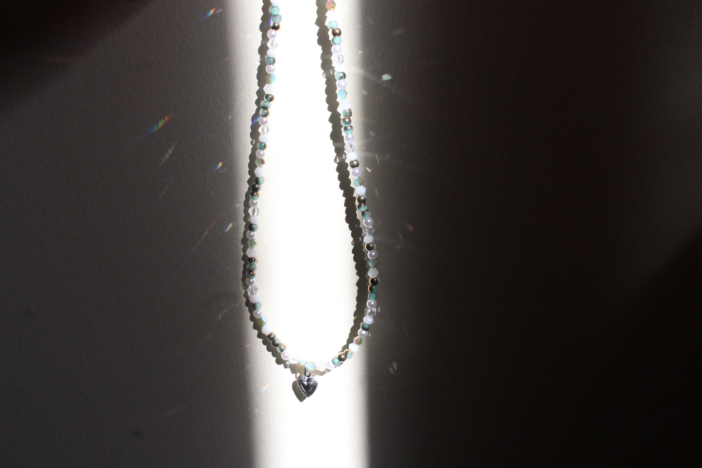 Handmade, Enchanted Emerald, Heart Charm, Beaded Necklace | Waterproof Stainless Steel