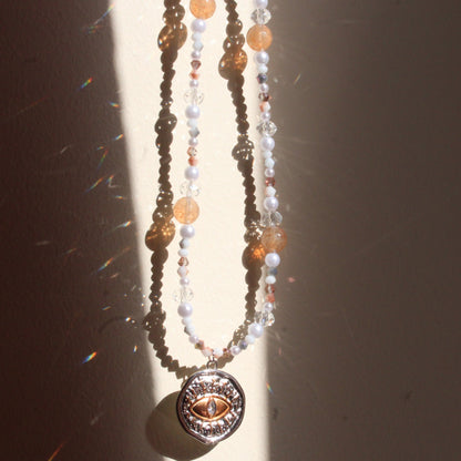 Handmade, Pirate's Lemon, Eye, Coin Charm, Beaded Necklace | Waterproof Stainless Steel
