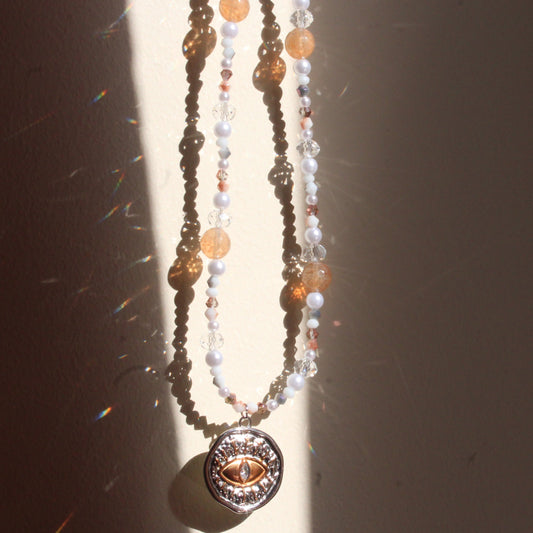 Handmade, Pirate's Lemon, Eye, Coin Charm, Beaded Necklace | Waterproof Stainless Steel