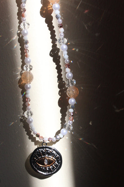 Handmade, Pirate's Lemon, Eye, Coin Charm, Beaded Necklace | Waterproof Stainless Steel