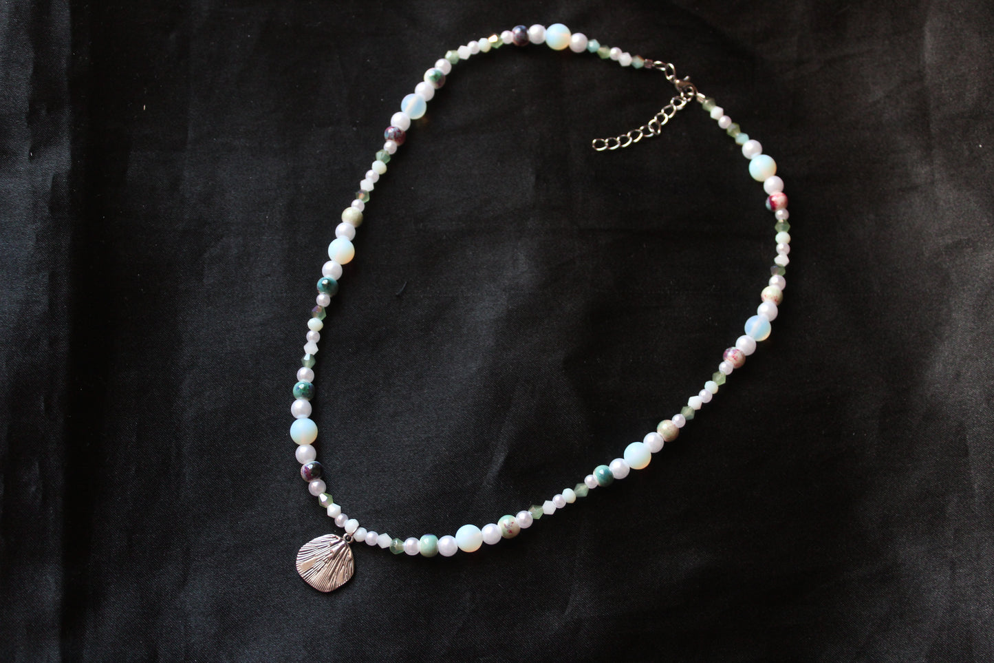 Handmade, Mermaid's Treasure, Shell Charm, Opalite, Beaded Necklace | Waterproof Stainless Steel
