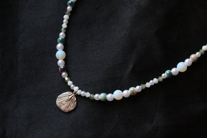 Handmade, Mermaid's Treasure, Shell Charm, Opalite, Beaded Necklace | Waterproof Stainless Steel