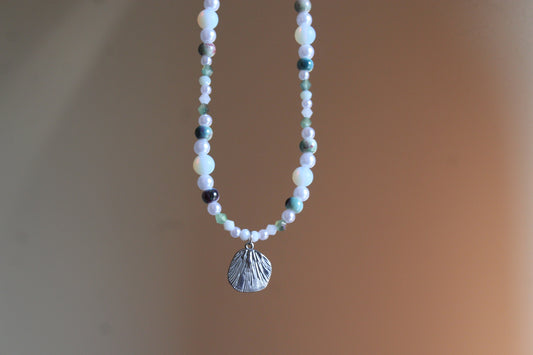 Handmade, Mermaid's Treasure, Shell Charm, Opalite, Beaded Necklace | Waterproof Stainless Steel