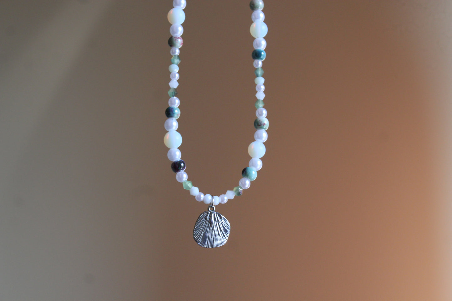 Handmade, Mermaid's Treasure, Shell Charm, Opalite, Beaded Necklace | Waterproof Stainless Steel