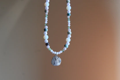 Handmade, Mermaid's Treasure, Shell Charm, Opalite, Beaded Necklace | Waterproof Stainless Steel