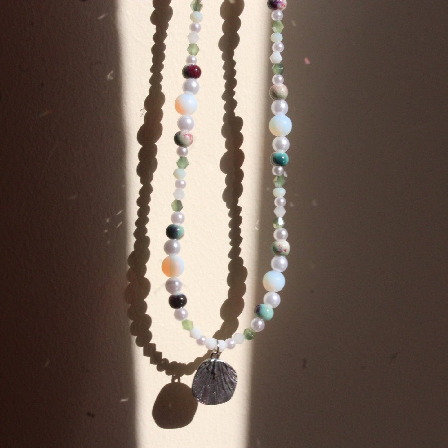 Handmade, Mermaid's Treasure, Shell Charm, Opalite, Beaded Necklace | Waterproof Stainless Steel