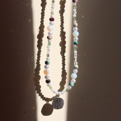 Handmade, Mermaid's Treasure, Shell Charm, Opalite, Beaded Necklace | Waterproof Stainless Steel