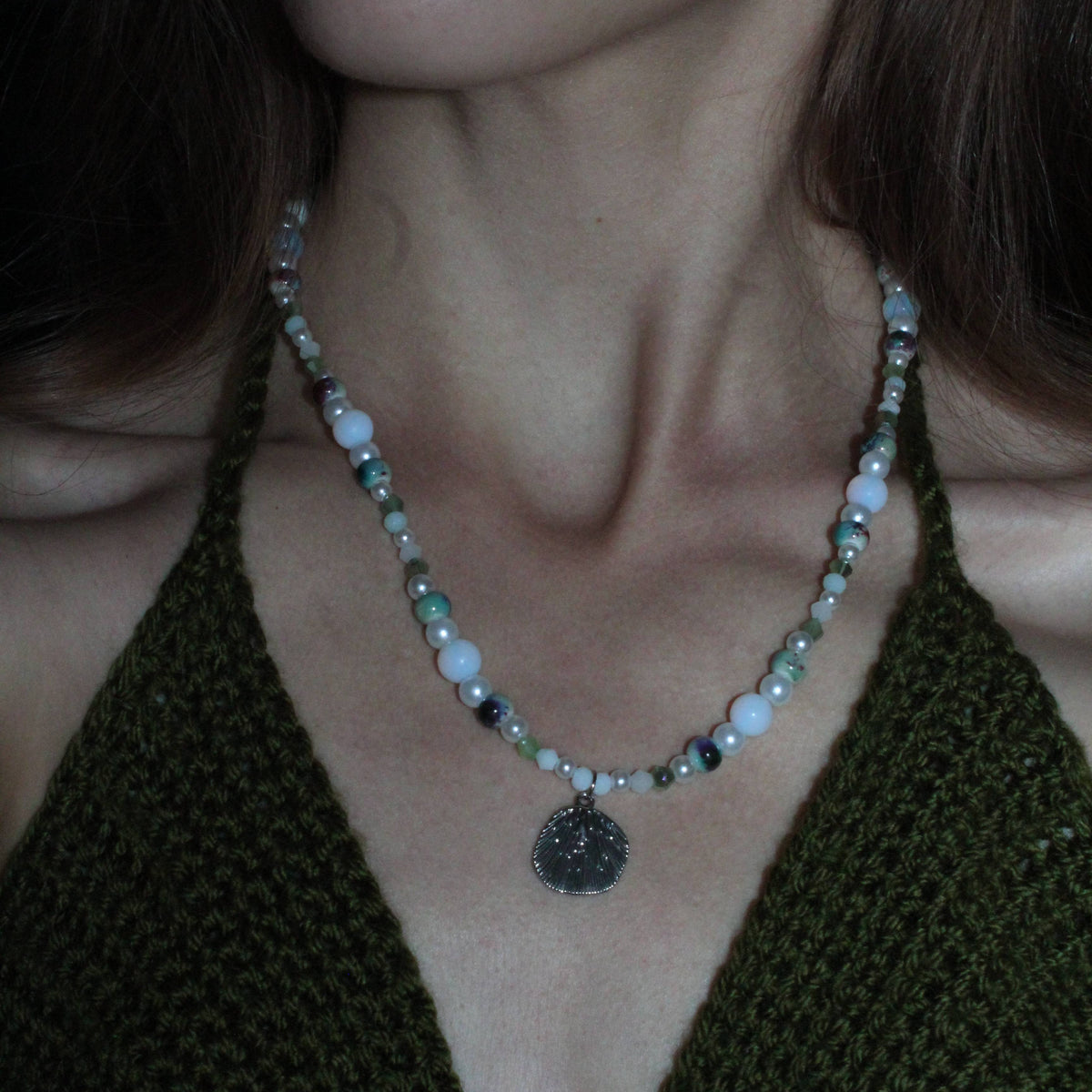 Handmade, Mermaid's Treasure, Shell Charm, Opalite, Beaded Necklace | Waterproof Stainless Steel