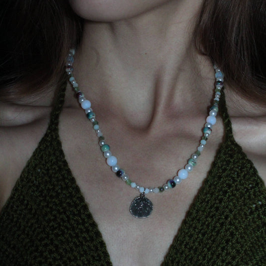 Handmade, Mermaid's Treasure, Shell Charm, Opalite, Beaded Necklace | Waterproof Stainless Steel