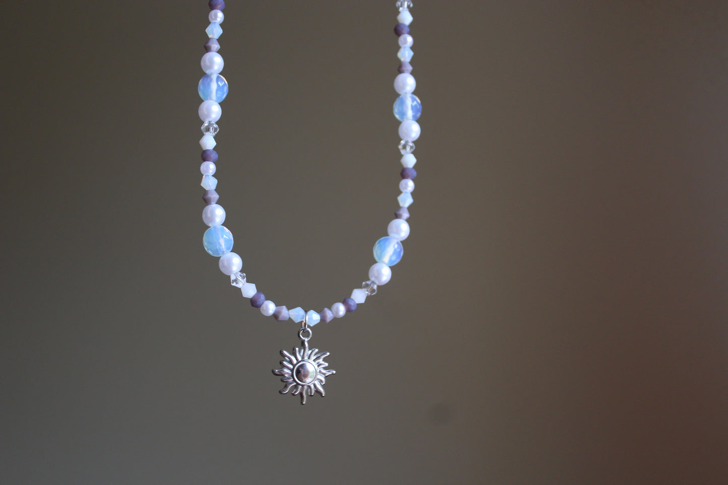Handmade, Celestial Glow, Opalite Stone, Crystal, Sun Charm, Beaded Necklace | Waterproof Stainless Steel