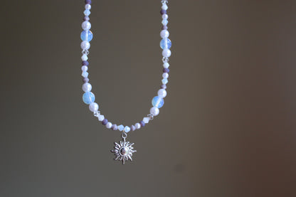 Handmade, Celestial Glow, Opalite Stone, Crystal, Sun Charm, Beaded Necklace | Waterproof Stainless Steel