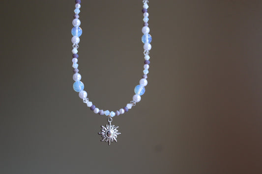 Handmade, Celestial Glow, Opalite Stone, Crystal, Sun Charm, Beaded Necklace | Waterproof Stainless Steel