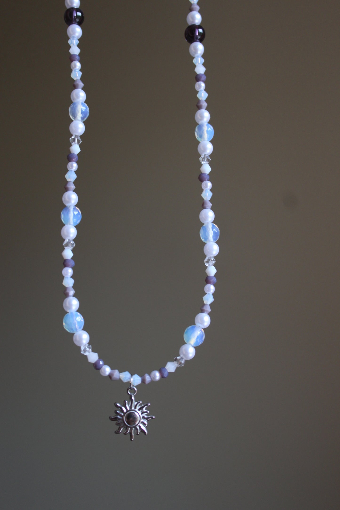 Handmade, Celestial Glow, Opalite Stone, Crystal, Sun Charm, Beaded Necklace | Waterproof Stainless Steel