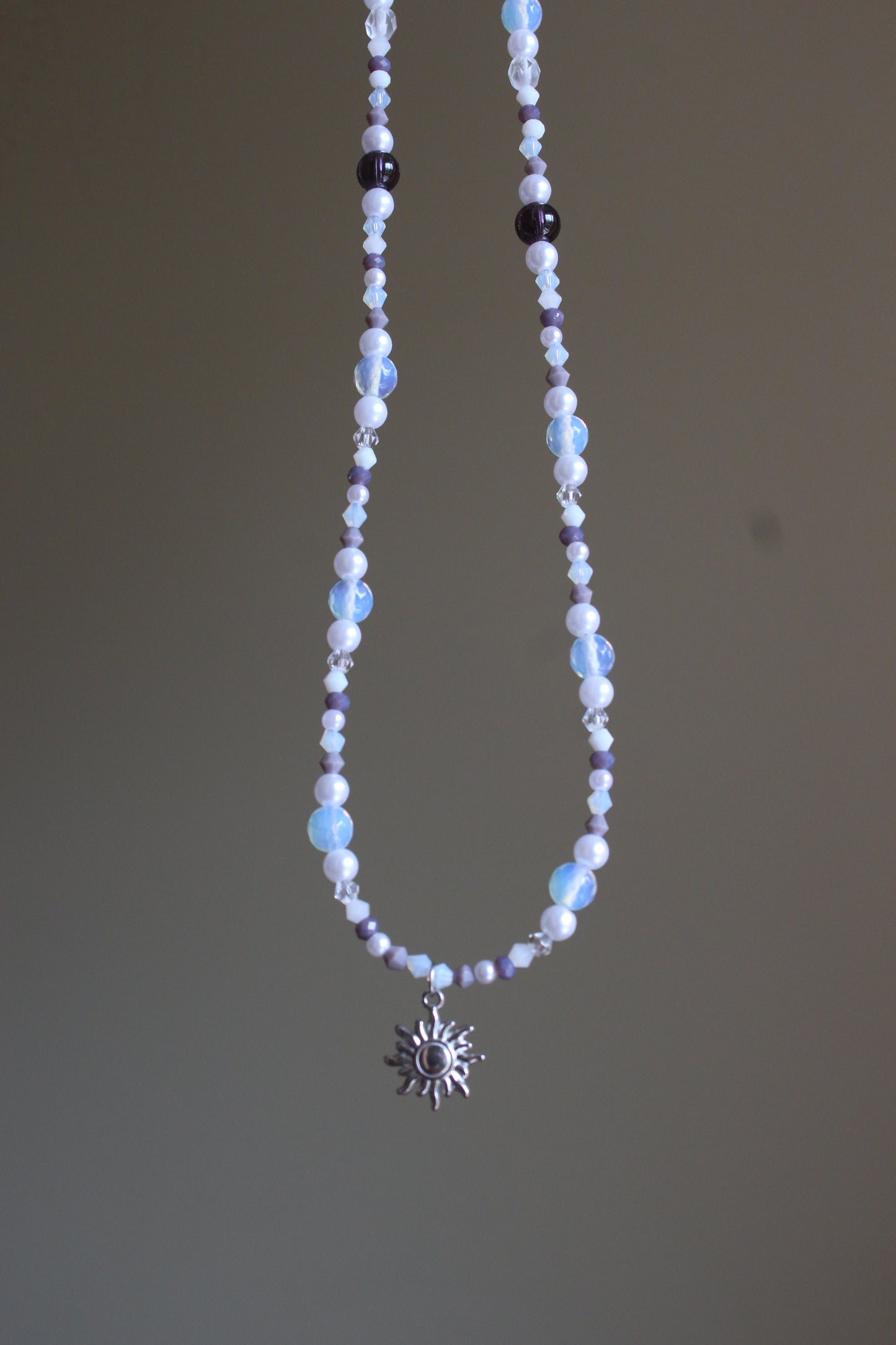Handmade, Celestial Glow, Opalite Stone, Crystal, Sun Charm, Beaded Necklace | Waterproof Stainless Steel