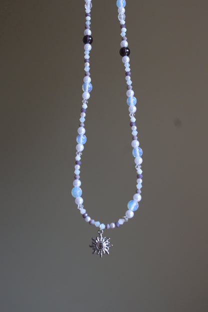 Handmade, Celestial Glow, Opalite Stone, Crystal, Sun Charm, Beaded Necklace | Waterproof Stainless Steel