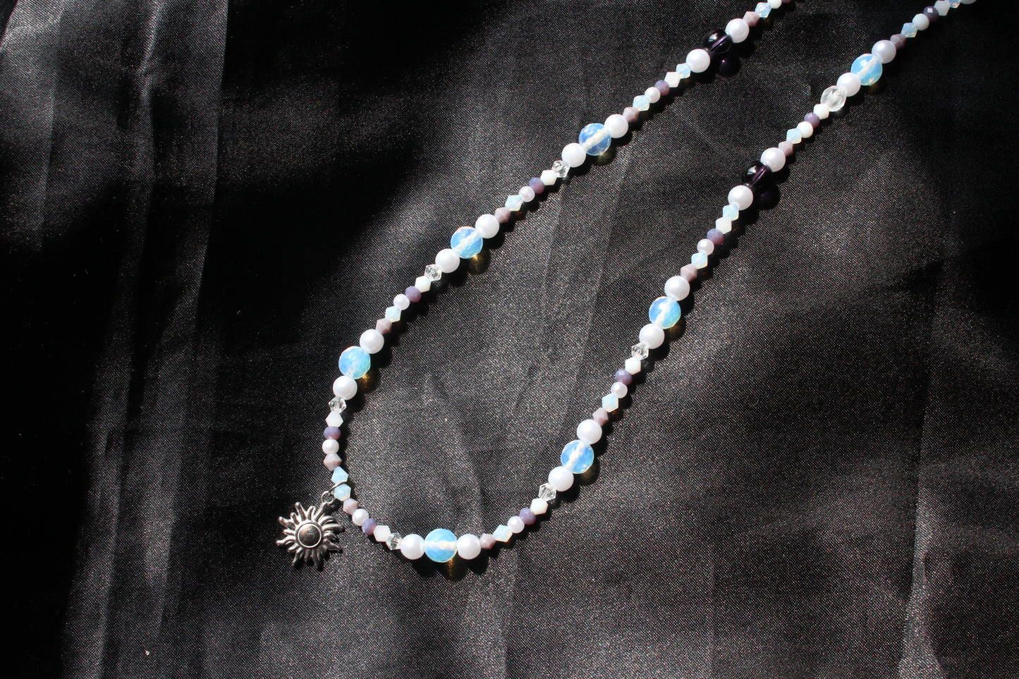 Handmade, Celestial Glow, Opalite Stone, Crystal, Sun Charm, Beaded Necklace | Waterproof Stainless Steel