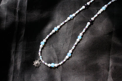 Handmade, Celestial Glow, Opalite Stone, Crystal, Sun Charm, Beaded Necklace | Waterproof Stainless Steel