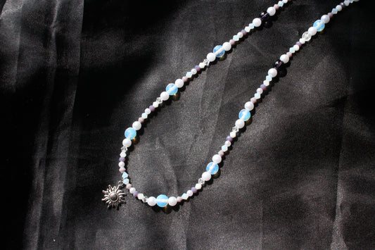 Handmade, Celestial Glow, Opalite Stone, Crystal, Sun Charm, Beaded Necklace | Waterproof Stainless Steel