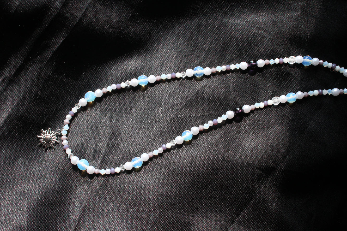 Handmade, Celestial Glow, Opalite Stone, Crystal, Sun Charm, Beaded Necklace | Waterproof Stainless Steel