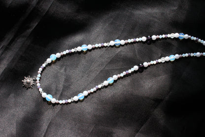 Handmade, Celestial Glow, Opalite Stone, Crystal, Sun Charm, Beaded Necklace | Waterproof Stainless Steel