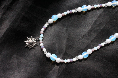 Handmade, Celestial Glow, Opalite Stone, Crystal, Sun Charm, Beaded Necklace | Waterproof Stainless Steel