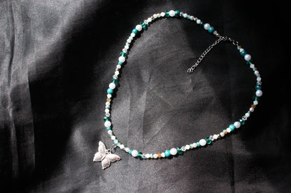 Handmade, Whispering Lagoon, Butterfly Charm, Beaded Necklace | Waterproof Stainless Steel