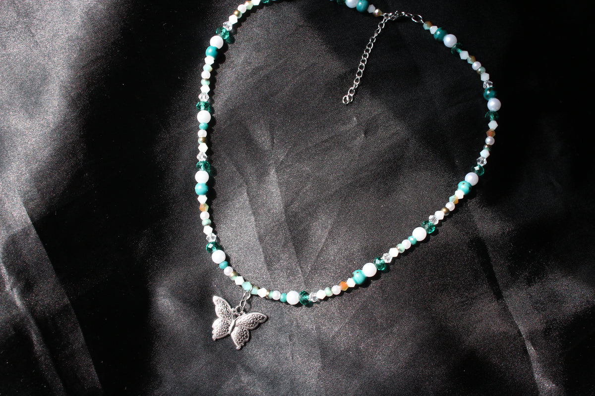 Handmade, Whispering Lagoon, Butterfly Charm, Beaded Necklace | Waterproof Stainless Steel