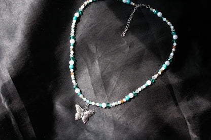 Handmade, Whispering Lagoon, Butterfly Charm, Beaded Necklace | Waterproof Stainless Steel