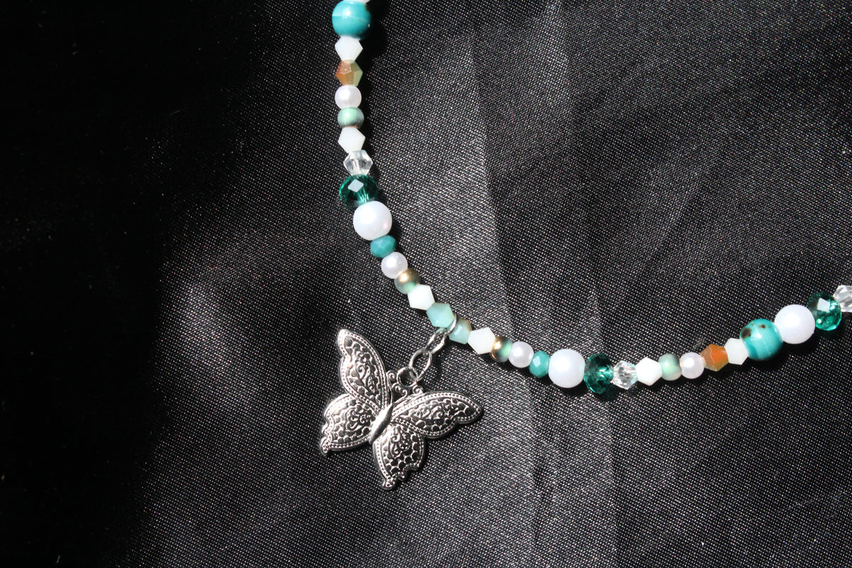 Handmade, Whispering Lagoon, Butterfly Charm, Beaded Necklace | Waterproof Stainless Steel